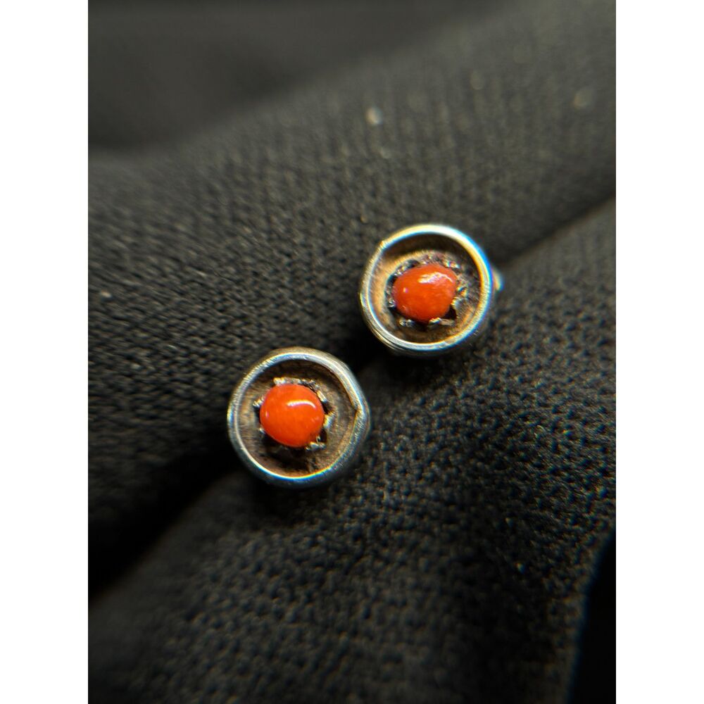 Native American Coral Sterling Silver Studs 0.22"